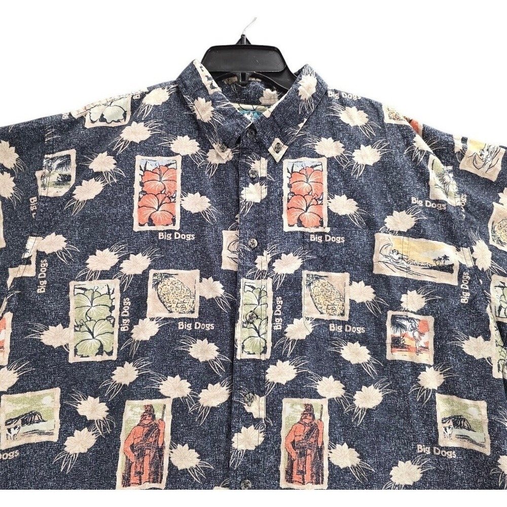 Big Dogs Mens XL Hawaiian Postcard Print Button Down Shirt Navy Blue 100% Cotton